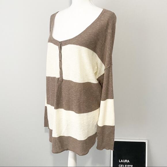 Free People beach gold rush Henley striped brown tunic  linen top medium - Picture 6 of 10
